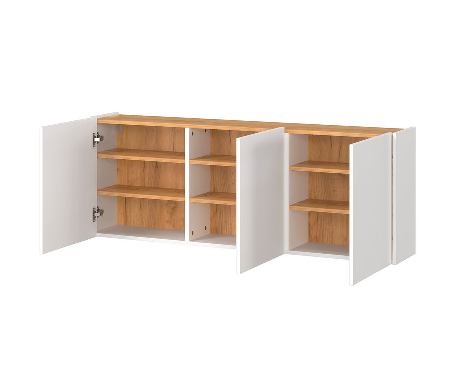 Geöffneter, weißer Mehrzweckschrank »Libbiano« mit Holzregalen.