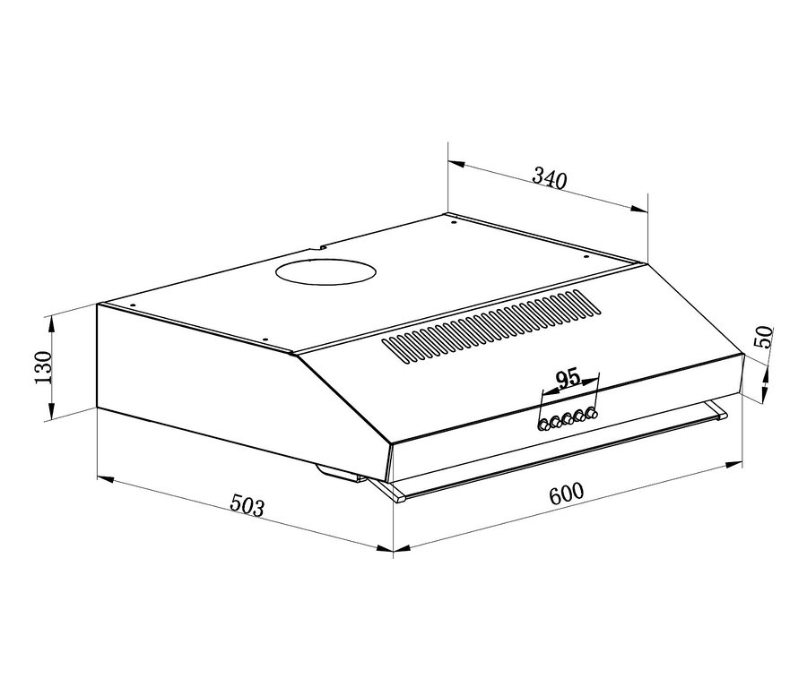 Skizze der Respekta Unterbauhaube CH 16060 SGB mit Maßen.