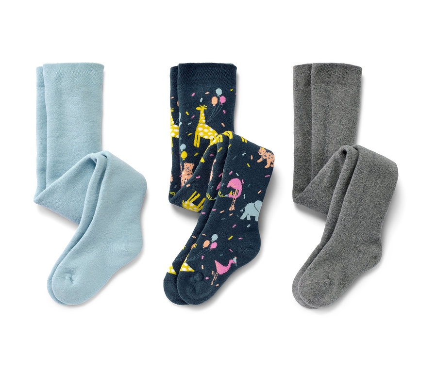 Abgebildet sind drei Kinder-Thermostrumpfhosen: ein hellblaues Paar, ein marineblaues Paar mit Tiermotiven und ein graues Paar.