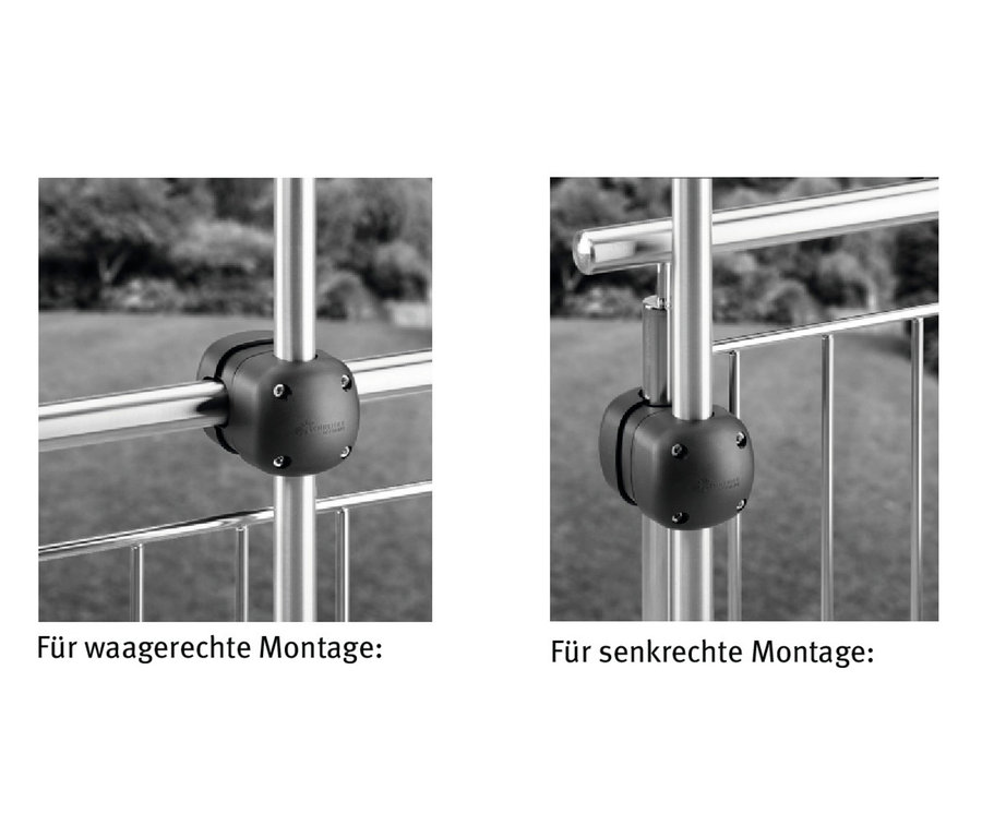Leco Balkon-Sonnenschirmhalter ist horizontal und vertikal an einem Balkon befestigt.