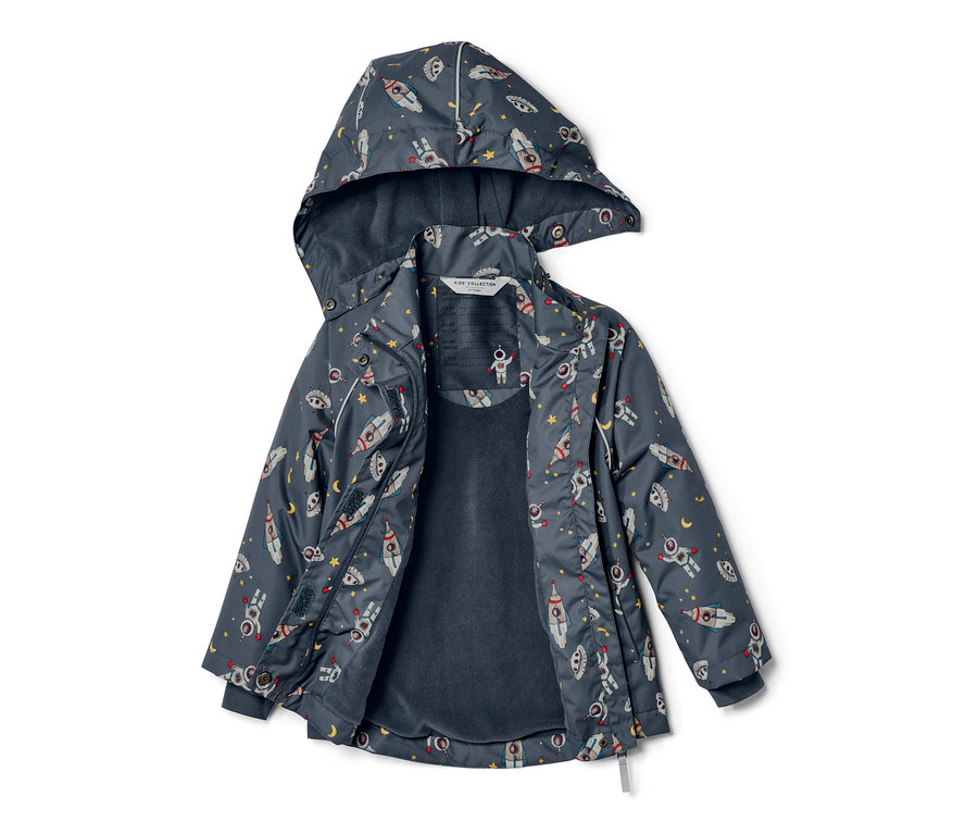 Geöffnete dunkelblaue Kinder-Thermo-Regenjacke mit Raketen- und Sternenmuster.
