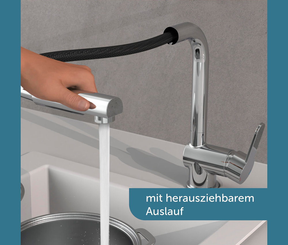 Wasser fließt aus der Chrom-Spültischarmatur »London«.