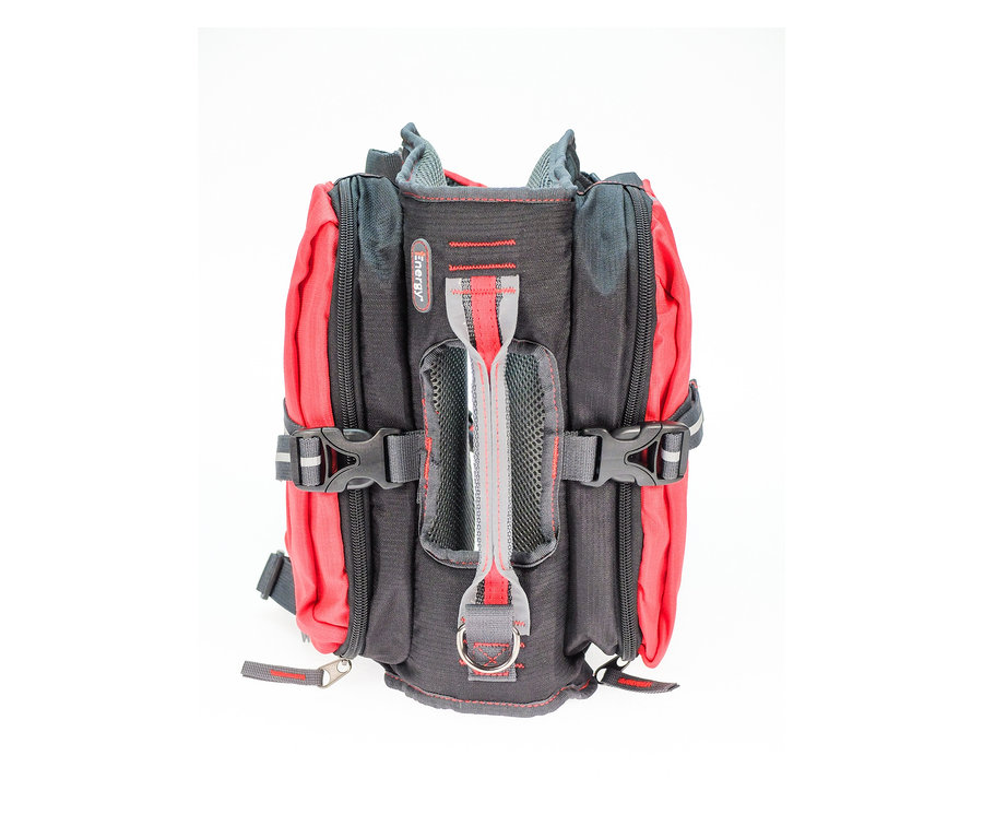 Ein rot-schwarzer Hunderucksack.