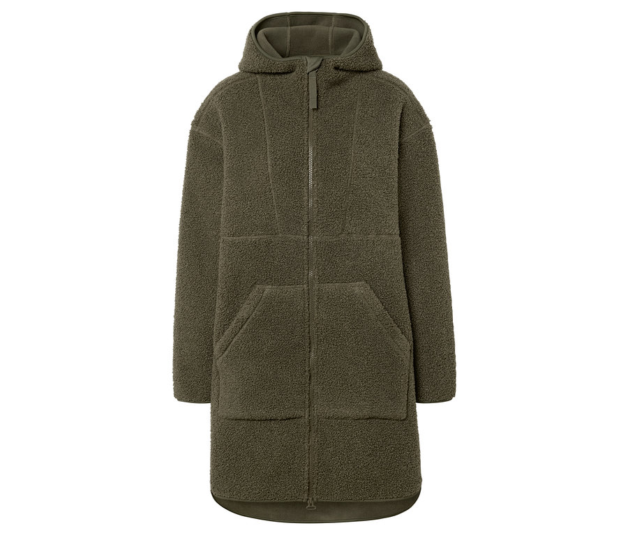 Grüner, flauschiger Mantel mit Kapuze und Reißverschluss in der Mitte.