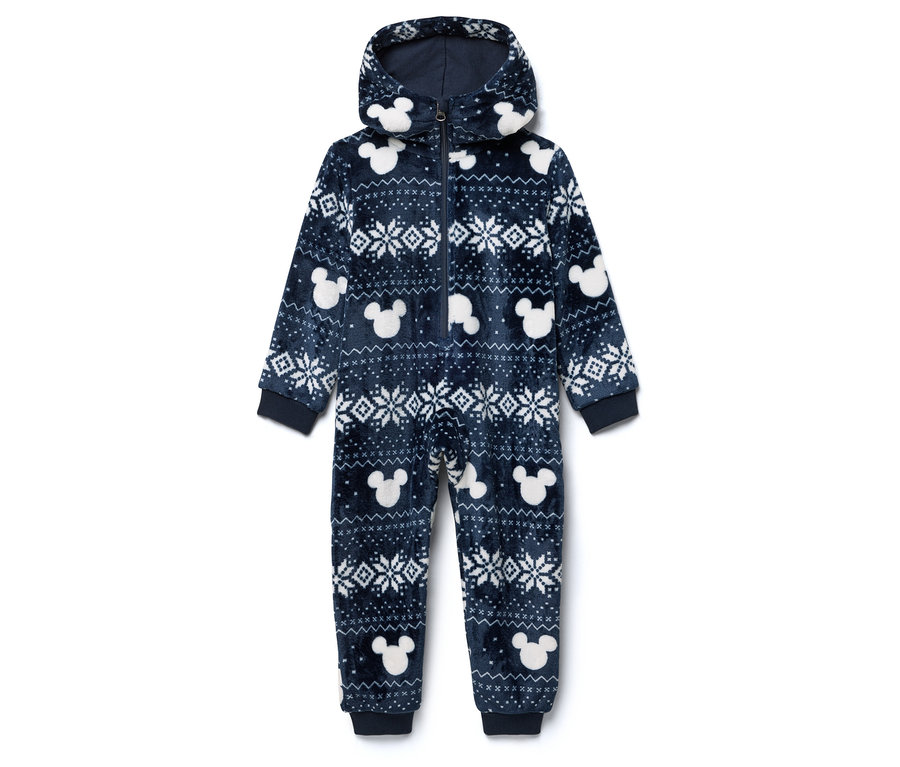 Blauer, flauschiger Overall mit Kapuze, Mickey Mouse- und Schneeflockenmuster.