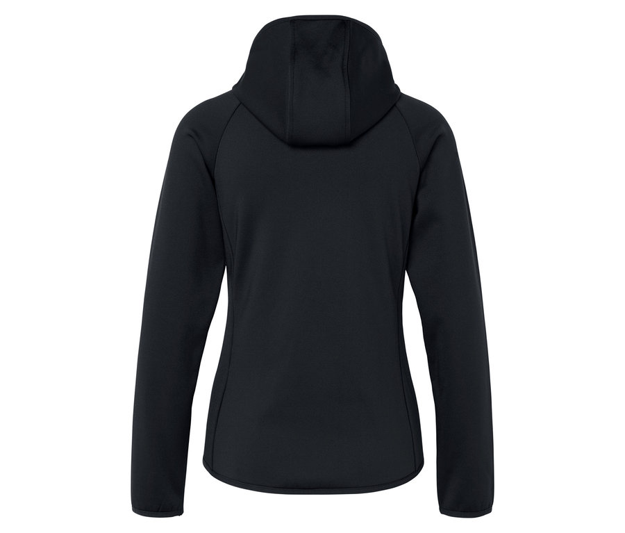 Rückansicht einer schwarzen Kapuzenjacke.