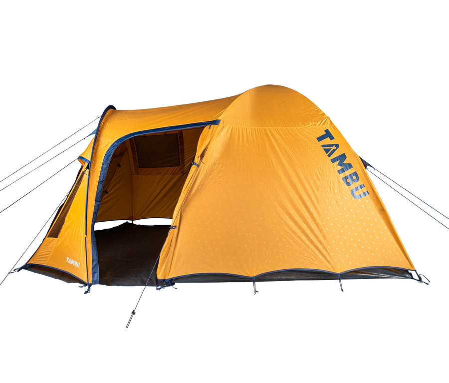 Gelbes Tambu Setu 4 Kuppelzelt für vier Personen mit offenem Eingang.