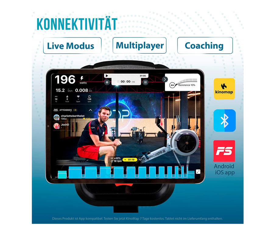 Ein Mann trainiert auf dem Rudergerät RW 1000, zu sehen auf einem Tablet-Bildschirm. Auf dem Bildschirm werden Trainingsdaten und eine Teilnehmerliste angezeigt.