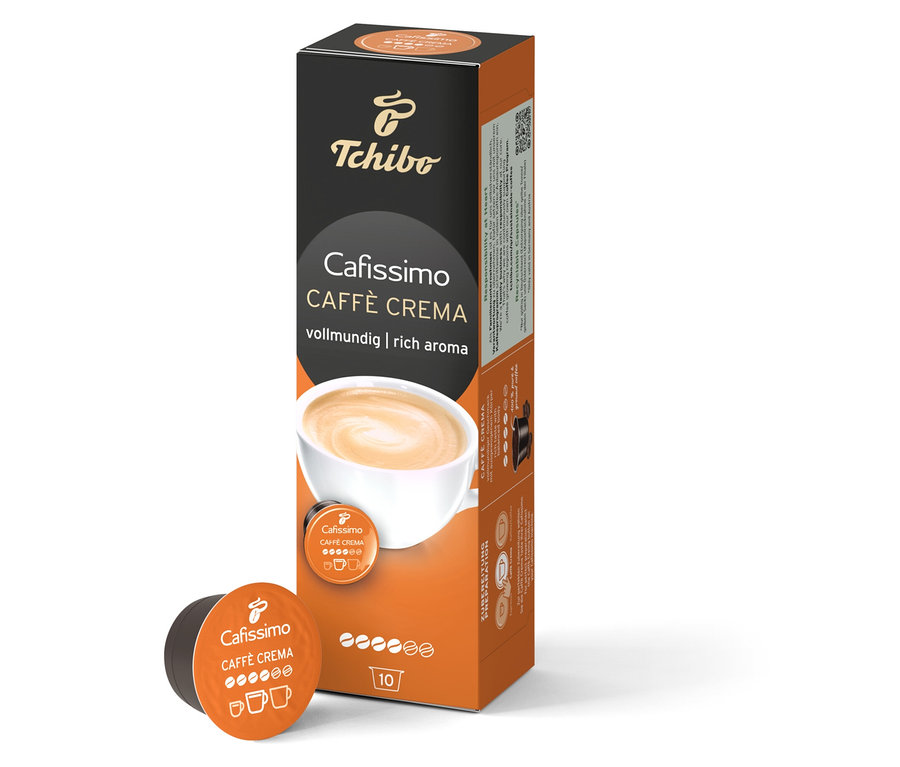 Eine Packung Cafissimo Caffè Crema vollmundig - 10 Kapseln liegt neben einer einzelnen Kapsel.