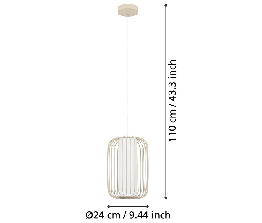 Hängelampe mit zylindrischem Schirm aus dünnen Holzlamellen und weißem Inneren.