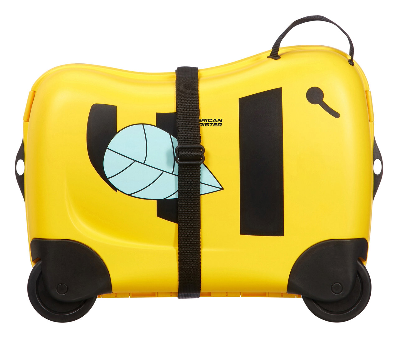 Gelber American Tourister »Funrider« Aufsitzkoffer im Bienen Design mit schwarzen Akzenten.