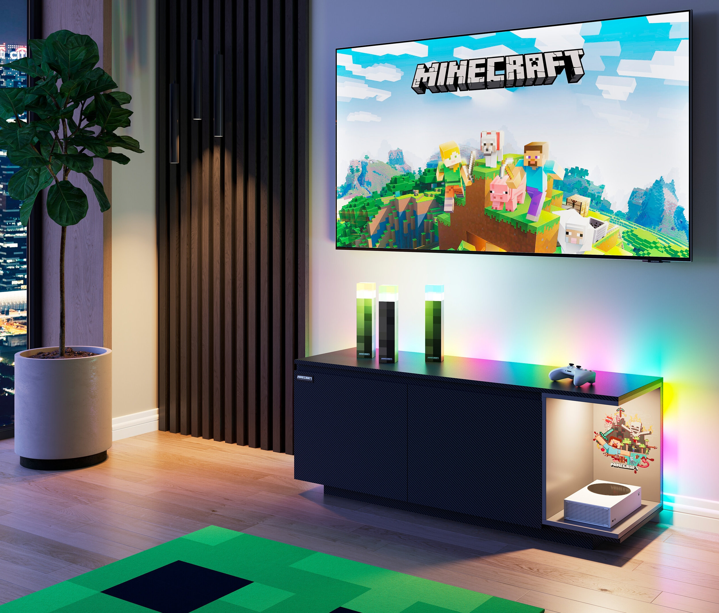 Wohnzimmer mit einem Fernseher, der Minecraft zeigt, darunter ein roba Minecraft TV-Lowboard.