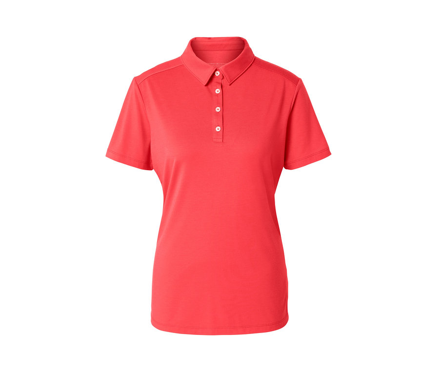 Pinkes Poloshirt mit kurzen Ärmeln und Knöpfen.
