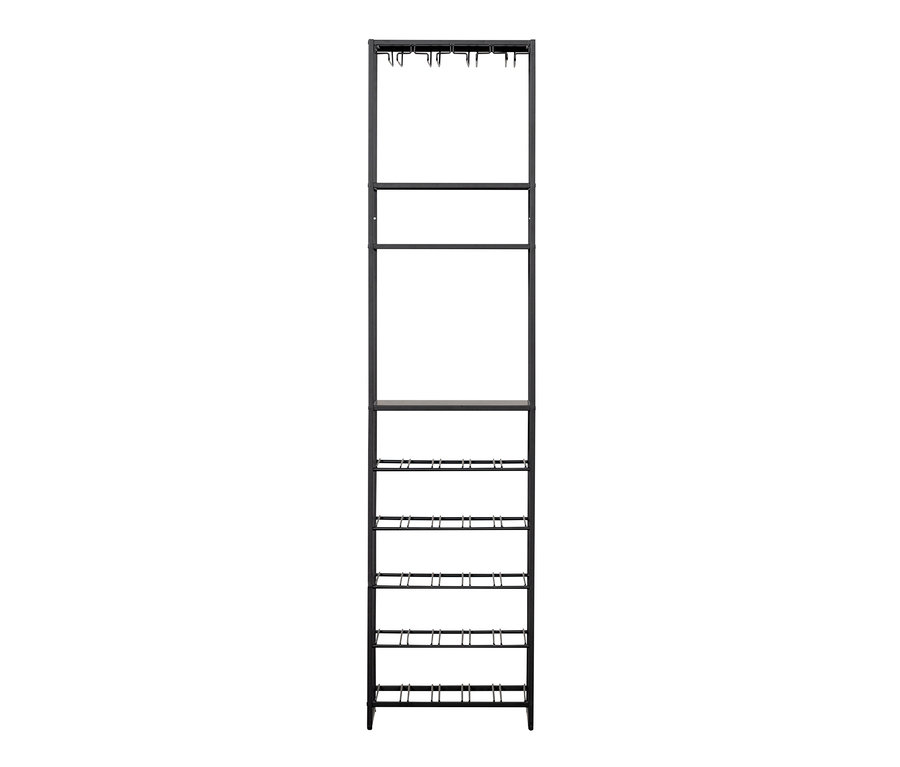 Schwarzes Woood Regal »Reese« aus Metall mit Fachböden und Haken.