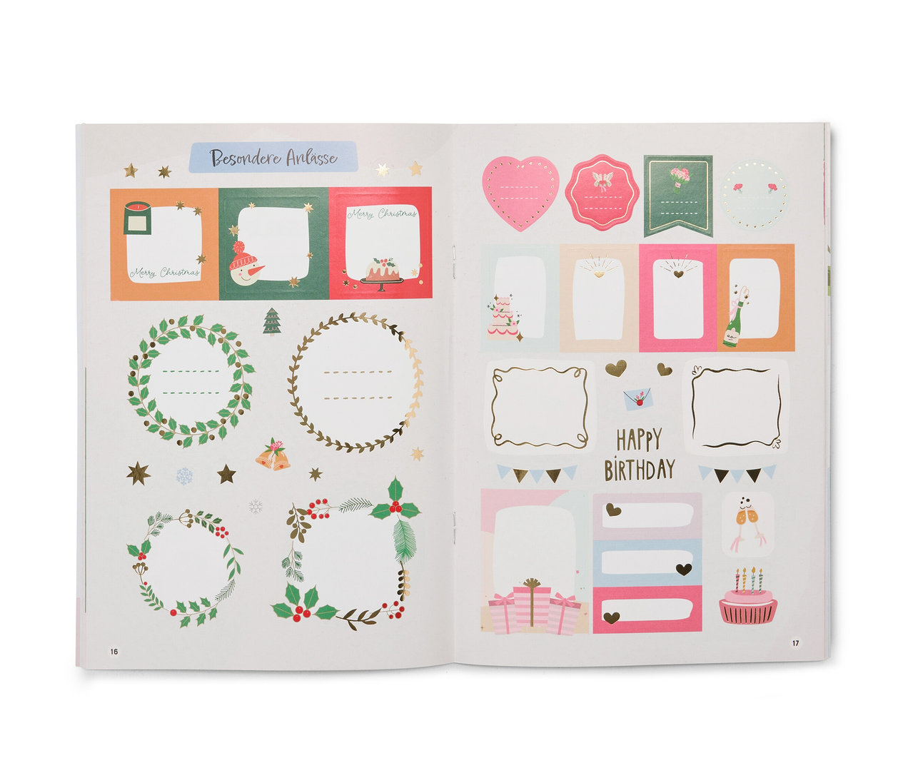 Offenes Buch mit verschiedenen Aufklebern, darunter weihnachtliche und Geburtstagsmotive, aus dem Buch »Küchenetiketten«.