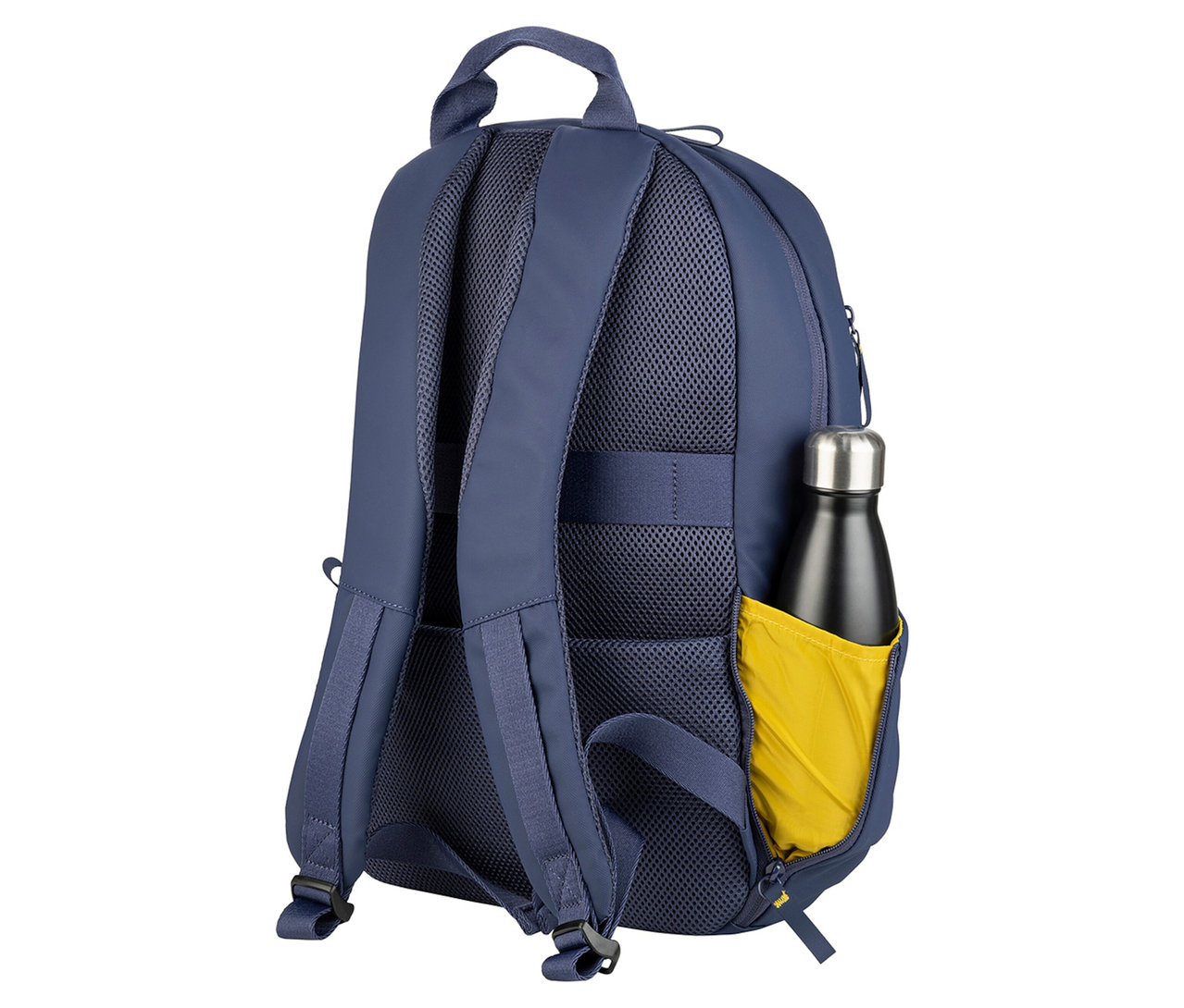 Blauer Rucksack mit schwarzer Wasserflasche in gelber Seitentasche.