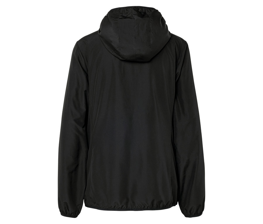 Rückansicht einer schwarzen Kapuzenjacke.