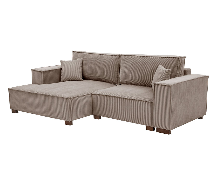 Beiges Cord-Ecksofa mit Kissen auf Holzfüßen.