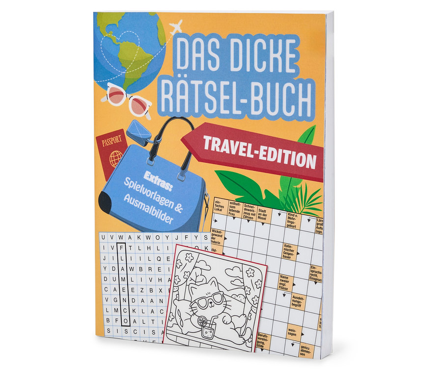 Ein dickes Rätselbuch in der Travel-Edition mit Illustrationen von Reiseutensilien wie Reisepass und Sonnenbrille.