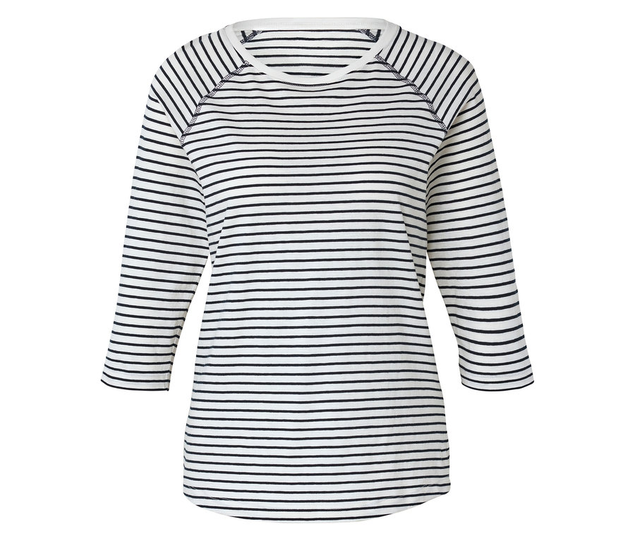 Gestreiftes, weißes Langarmshirt mit schwarzen Streifen.