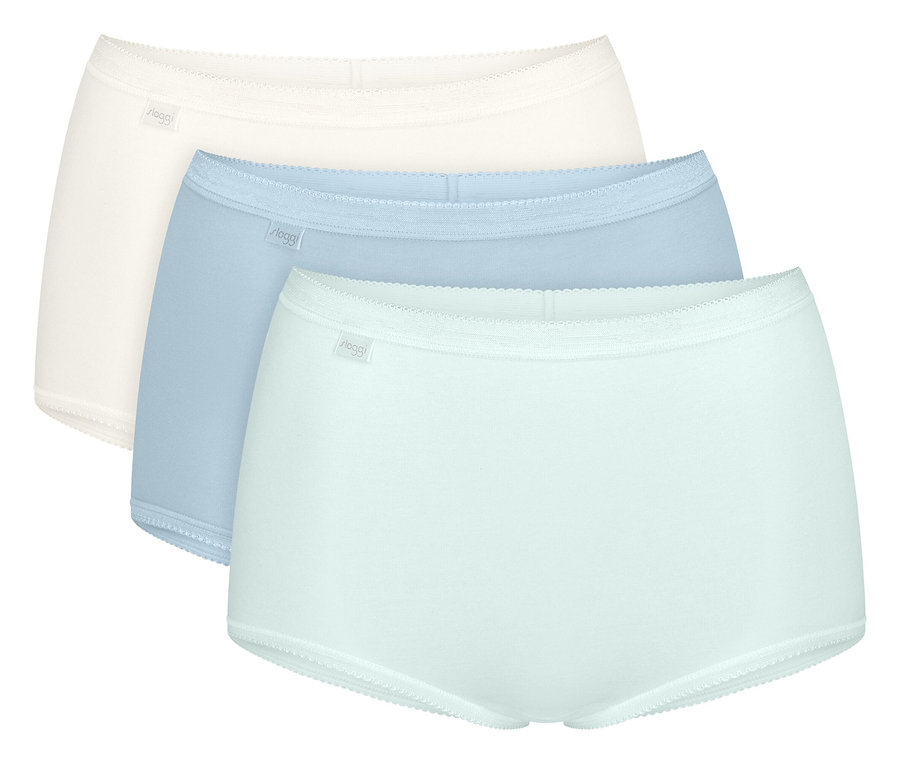 Drei Damen Slips in den Farben Weiß, Hellblau und Mint liegen übereinander.