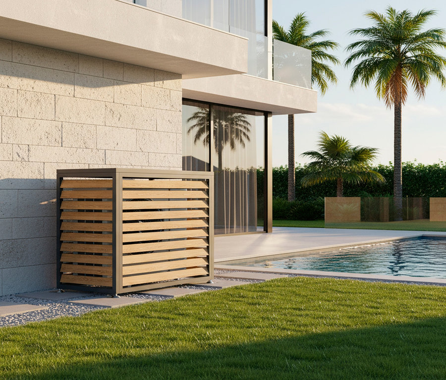 Eine Lamellenverkleidung steht vor einem modernen Haus mit Pool und Palmen.