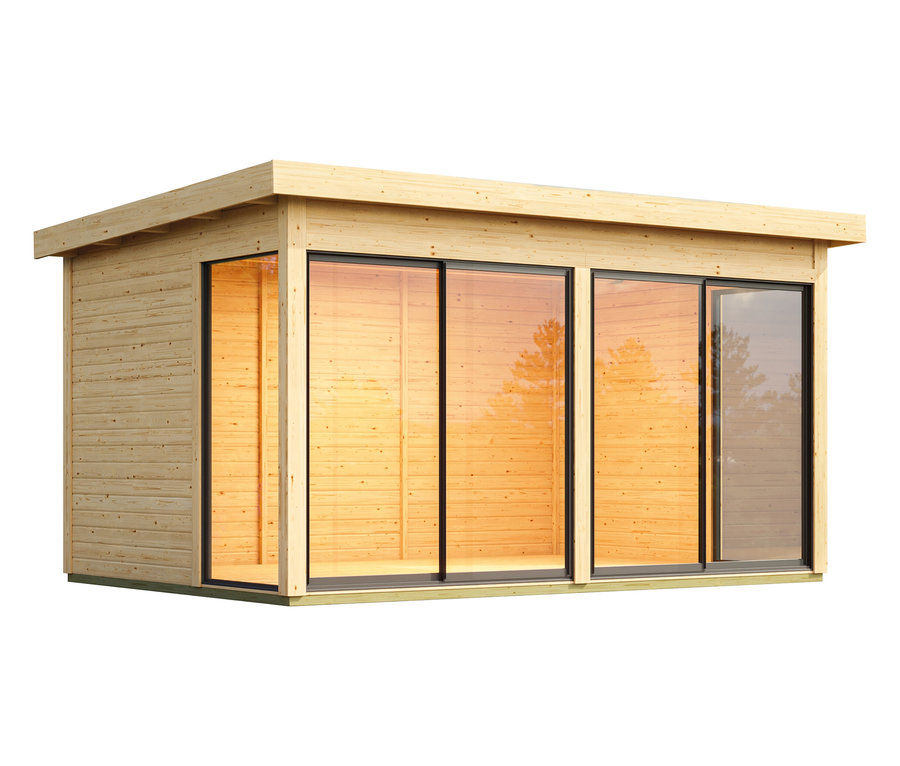 Außenansicht des modernen Karibu Gartenhauses »Noelia 5« mit Schiebetür und 38 mm Wandstärke.