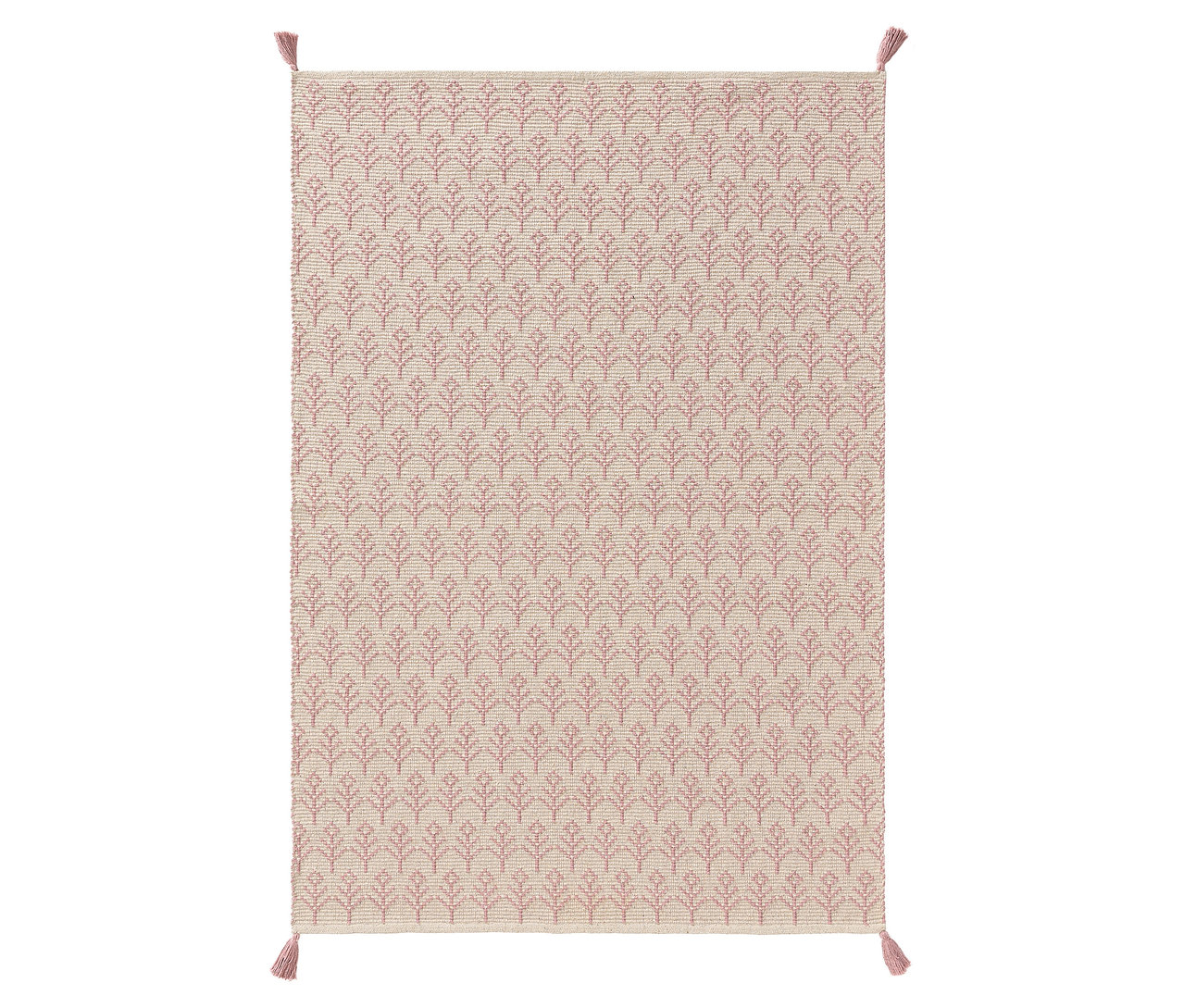 Ein rechteckiger Teppich mit einem Muster aus stilisierten Blättern in Rosa auf beigem Grund. An den Ecken befinden sich Quasten.