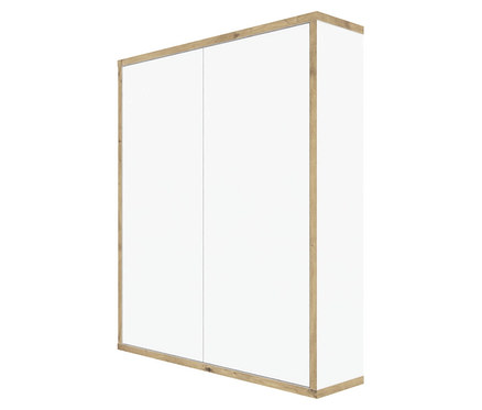 Weißer Schrank mit Holzdetails.