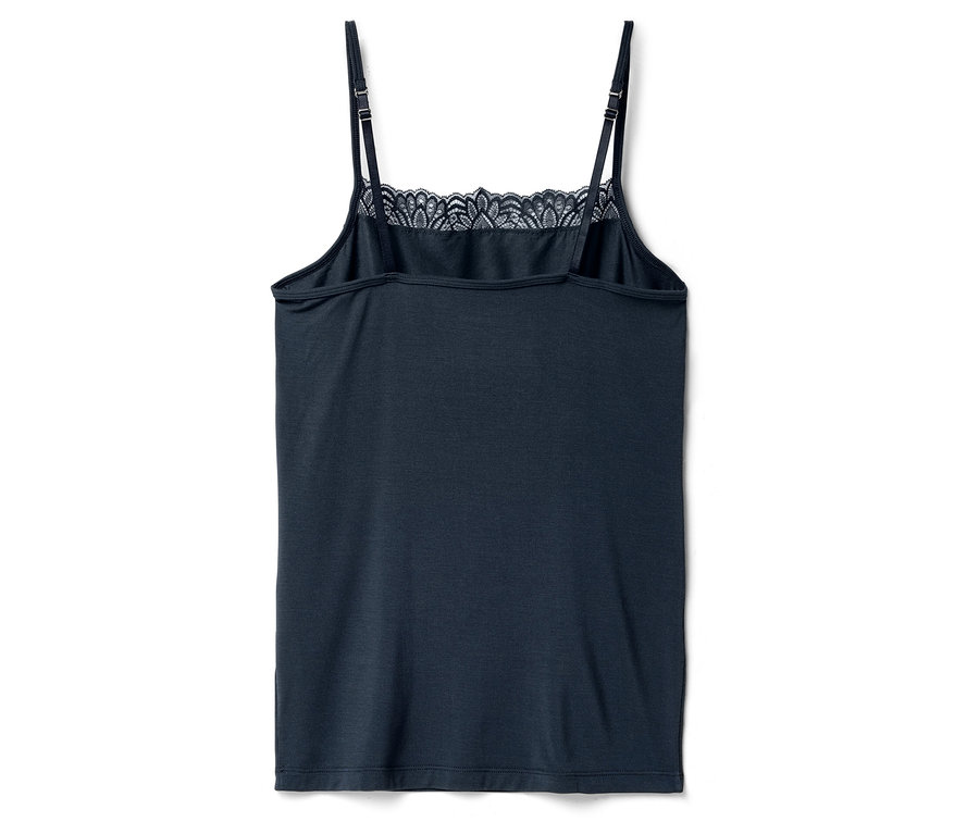 Dunkelblaues Tanktop mit Spitze am Ausschnitt, von hinten aufgenommen.