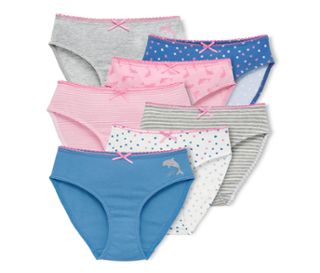 1x blau mit Delfin-Motiv, 1x weiß mit mehrfarbigem Punkte-Alloverprint, 1x grau-weiß gestreift, 1x rosa-weiß gestreift, 1x rosa mit Delfin-Alloverprint, 1x blau mit mehrfarbigem Punkte-Alloverprint, 1x grau mit Defhin-Motiv