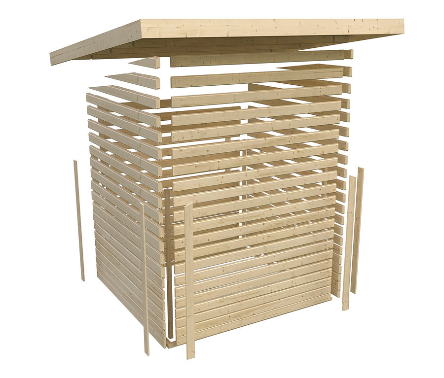 Explosionszeichnung eines Karibu-Saunahauses mit Holzlamellen und Dach.