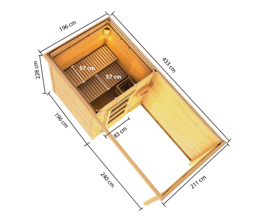 Draufsicht auf das Karibu Saunahaus-Set »Rahlau A« inkl. 9 kW-Ofen mit externer Steuerung.