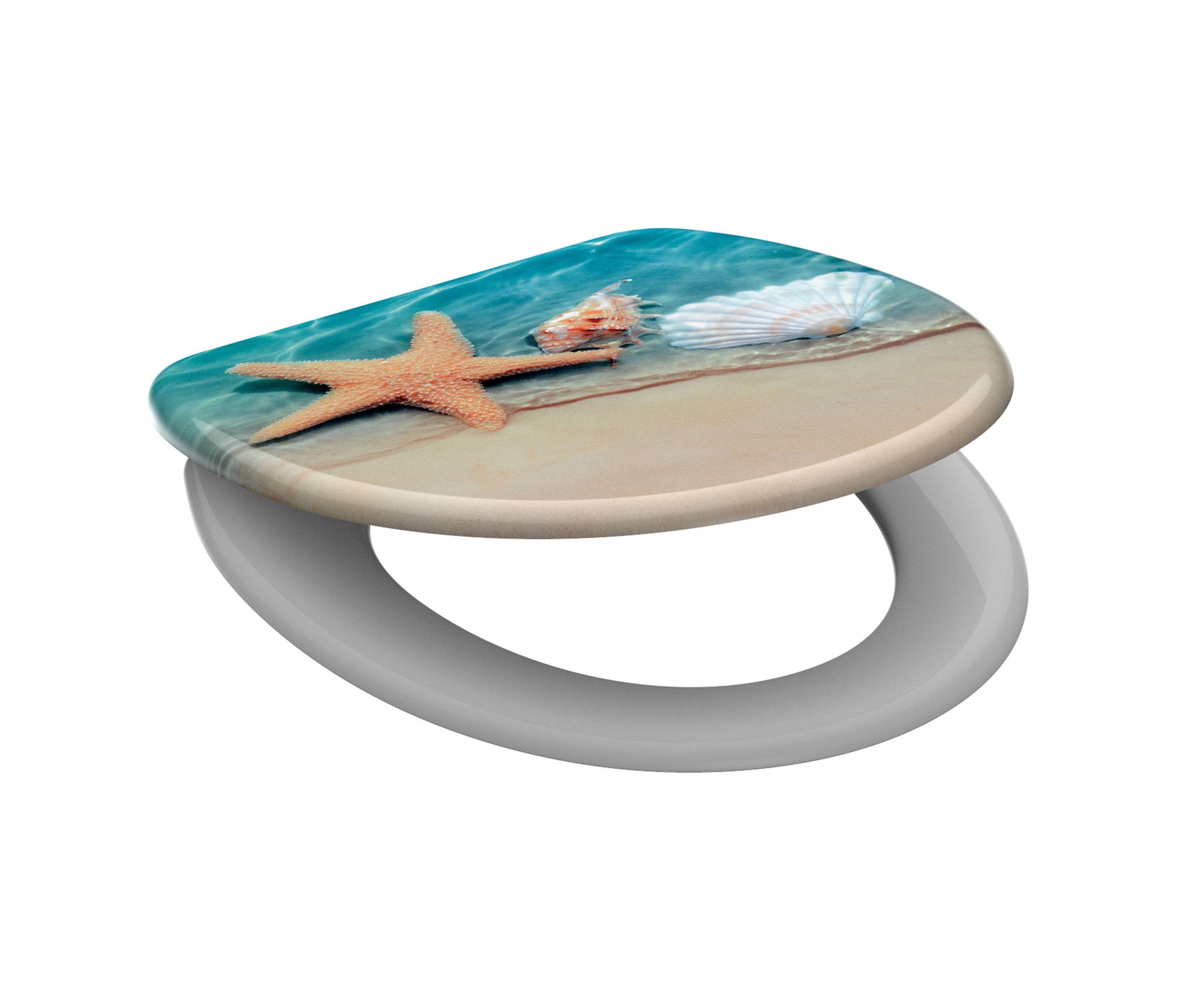 Schütte-Duroplast-WC-Sitz »BEACH« mit Seestern- und Muschelmotiv.