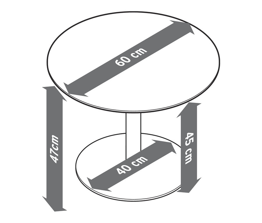Abmessungen des runden Couchtisches in Salbei: 60 cm Breite der Oberseite, 40 cm Breite der Unterseite, 47 cm Höhe des linken Beins und 45 cm Höhe des rechten Beins.