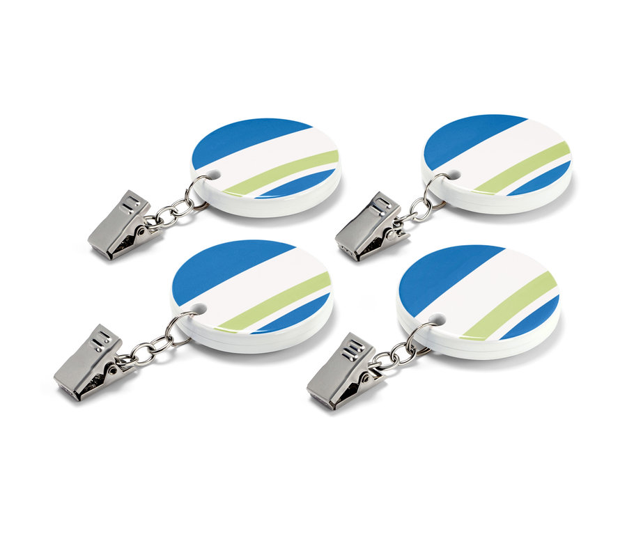 Vier Tischdeckenhalter.