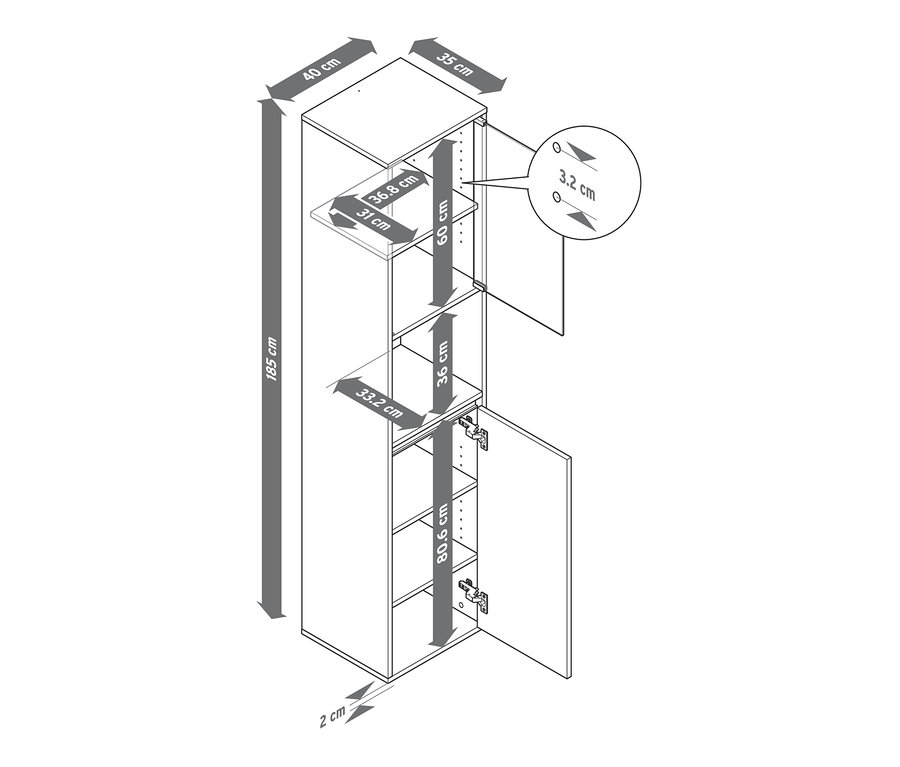 Abbildung eines Hochschranks für das Bad mit Maßangaben.
