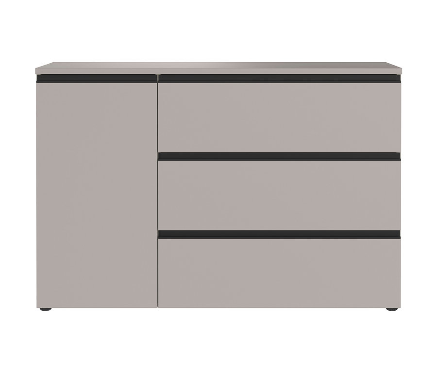 Graue Kommode »Sennan« mit drei Schubladen und einem Schrank.