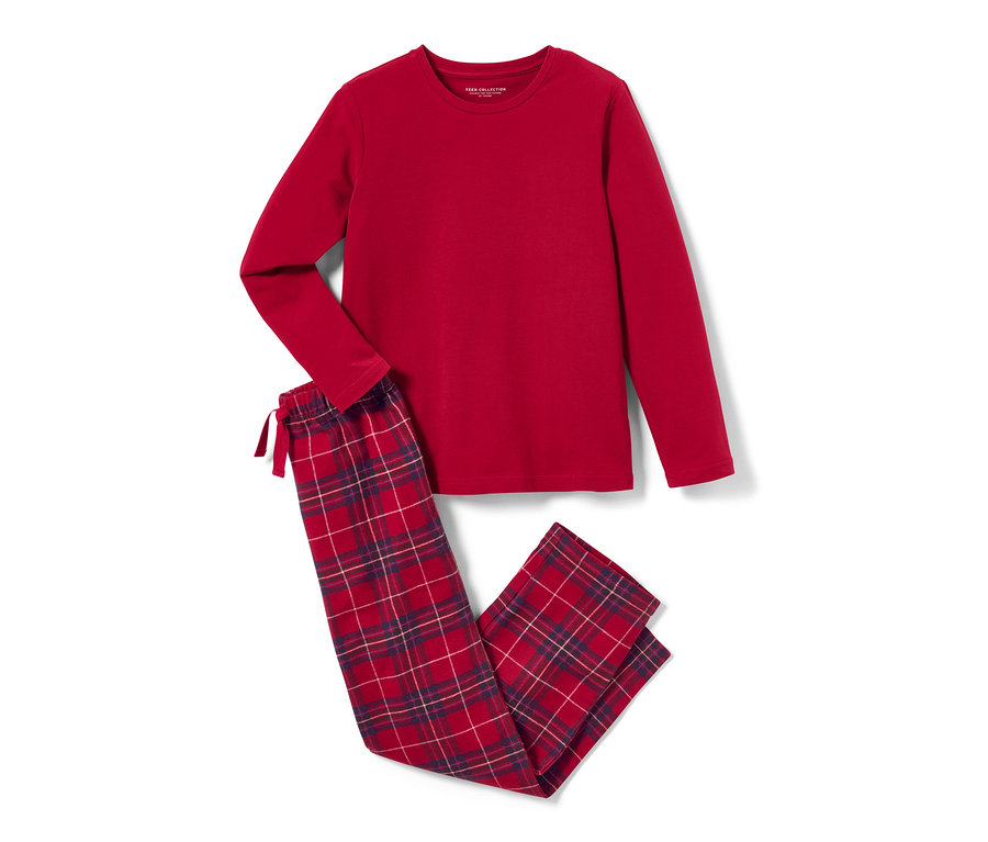 Ein roter Kinder-Flanell-Pyjama mit karierter Hose.
