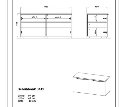 Abbildung einer Schuhbank »Nordlia« mit Maßangaben.