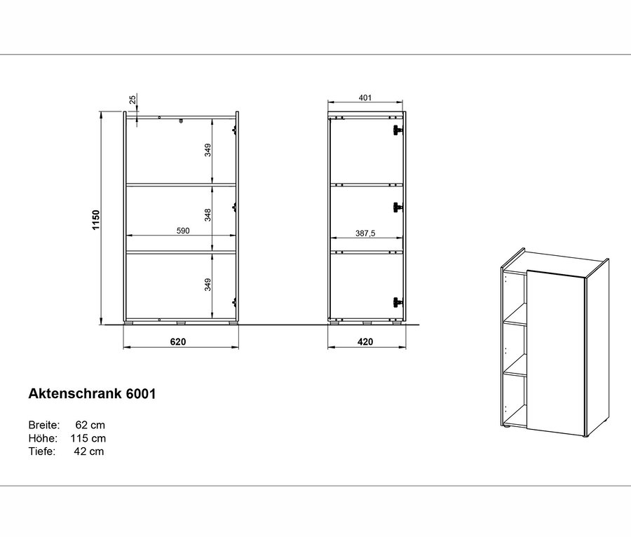 Technische Zeichnung eines flachen Aktenschranks »Hasselt« mit Breiten-, Höhen- und Tiefenmaßen.