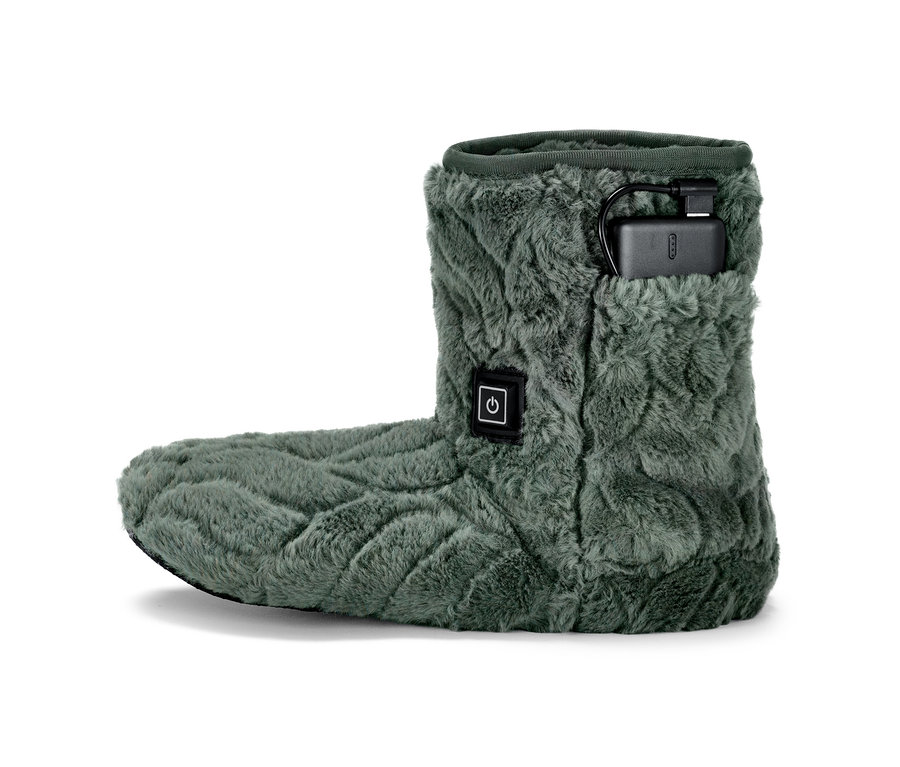 Ein einzelner beheizbarer Schuh ist abgebildet. Der Schuh ist aus einem weichen, flauschigen Material gefertigt und hat eine kleine Tasche an der Seite.