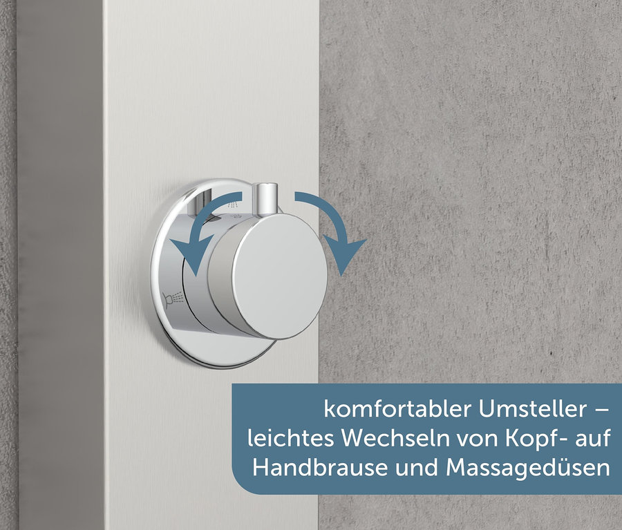 Nahaufnahme des verstellbaren Schalters am SCHÜTTE Edelstahl-Duschpaneel »Sansibar«.