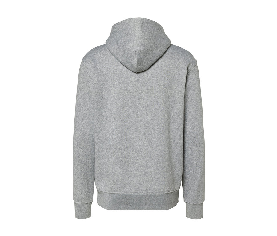 Rückansicht eines grau melierten Hoodies.