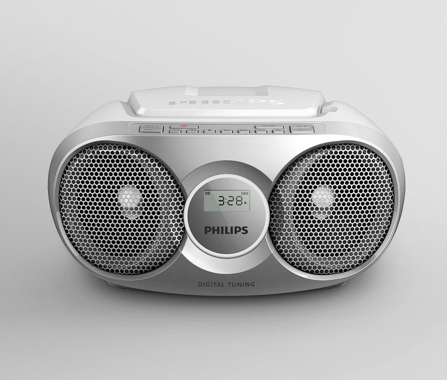Grauer Philips CD-Boombox »AZ215« auf grauem Hintergrund.