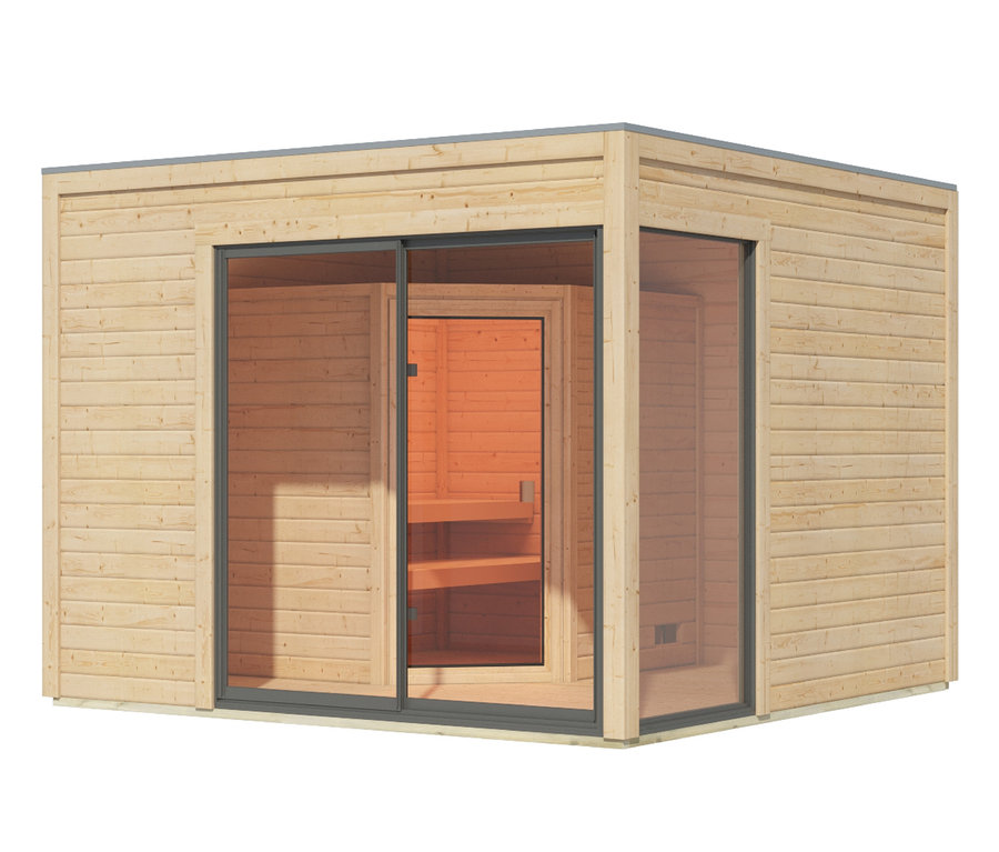 Außenansicht des Karibu Saunahauses »Linda Bio« mit Glasschiebetür.