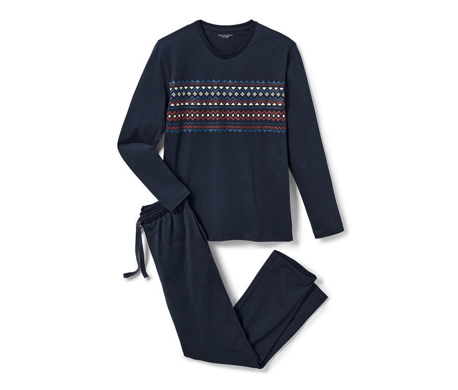 Marineblauer Pyjama mit langen Ärmeln und Norwegermuster.
