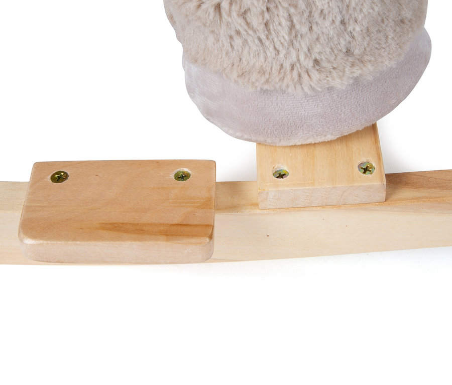 Detailaufnahme der hölzernen Kufen und der Befestigung des small foot Schaukeltier Esel mit Sitz.