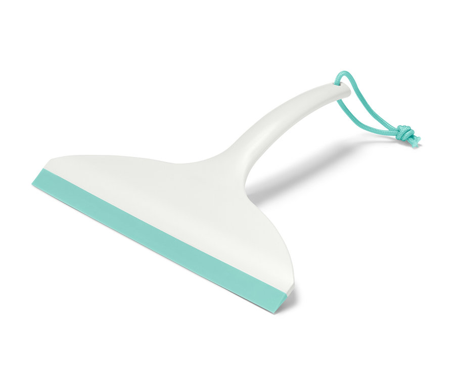 Weißer Badwischer mit türkisfarbener Gummilippe und türkisfarbener Kordel zum Aufhängen.