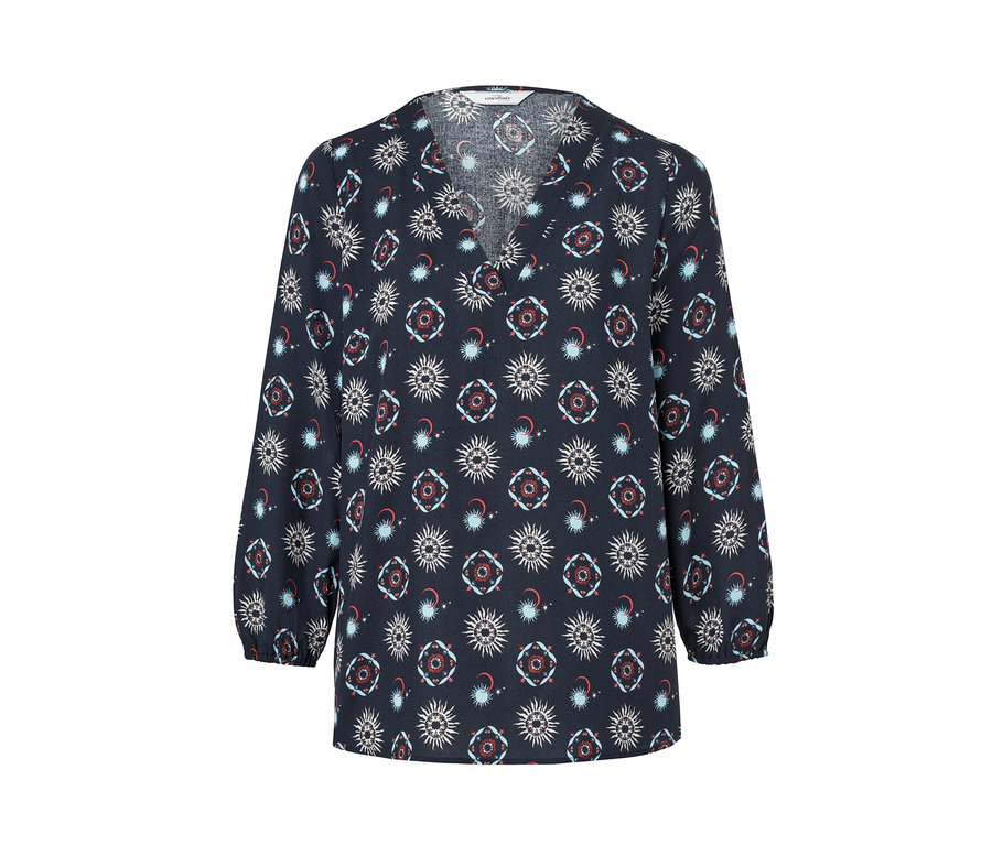 Marineblaue Bluse mit Print aus Sonnen, Monden und Sternen.